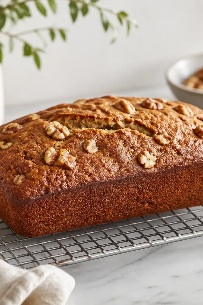 A cooling rack with the loaf resting for 15-20 minutes; the loaf looks slightly domed with a matte top, and walnut pieces are visible on the surface.