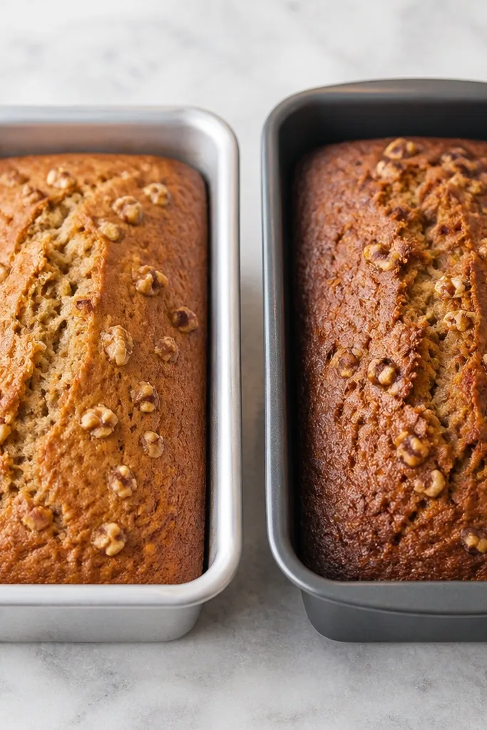 Two loaf pans side-by-side: one light aluminum loaf pan with a loaf that looks evenly browned, and one darker nonstick pan with a loaf that has darker edges; both show walnut specks on top.