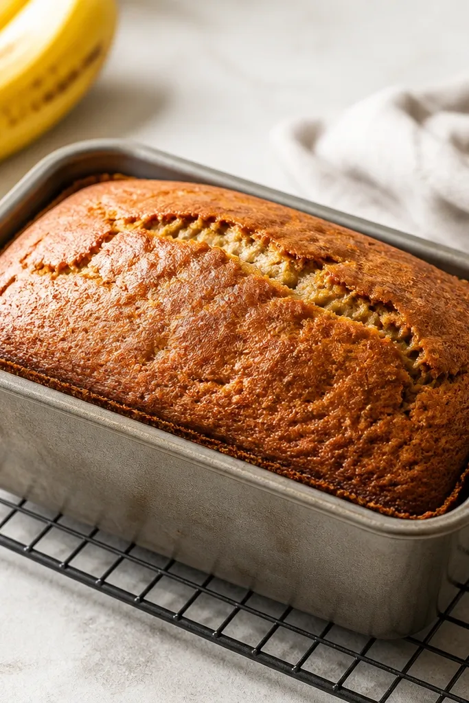 A 9x5 banana bread loaf on a cooling rack, deep honey-gold crust, a rounded dome on top with a couple of thin cracks, edges pulling slightly away from the pan.