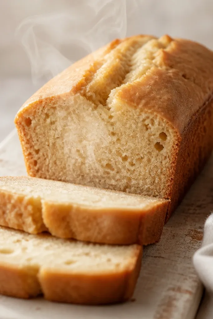 A lighter banana bread loaf, less browned on top, steam visible when sliced, crumb looks creamy and slightly glossy near the center.