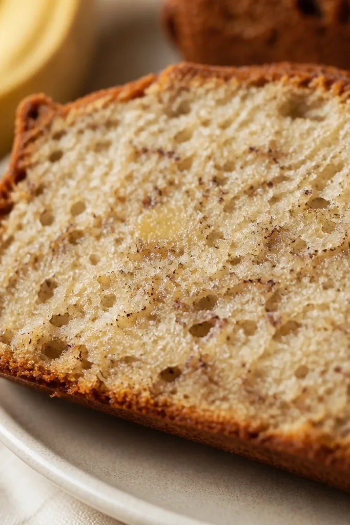 A close-up of a slice showing tiny banana flecks throughout, with a faint streaky pattern from uneven mashing.