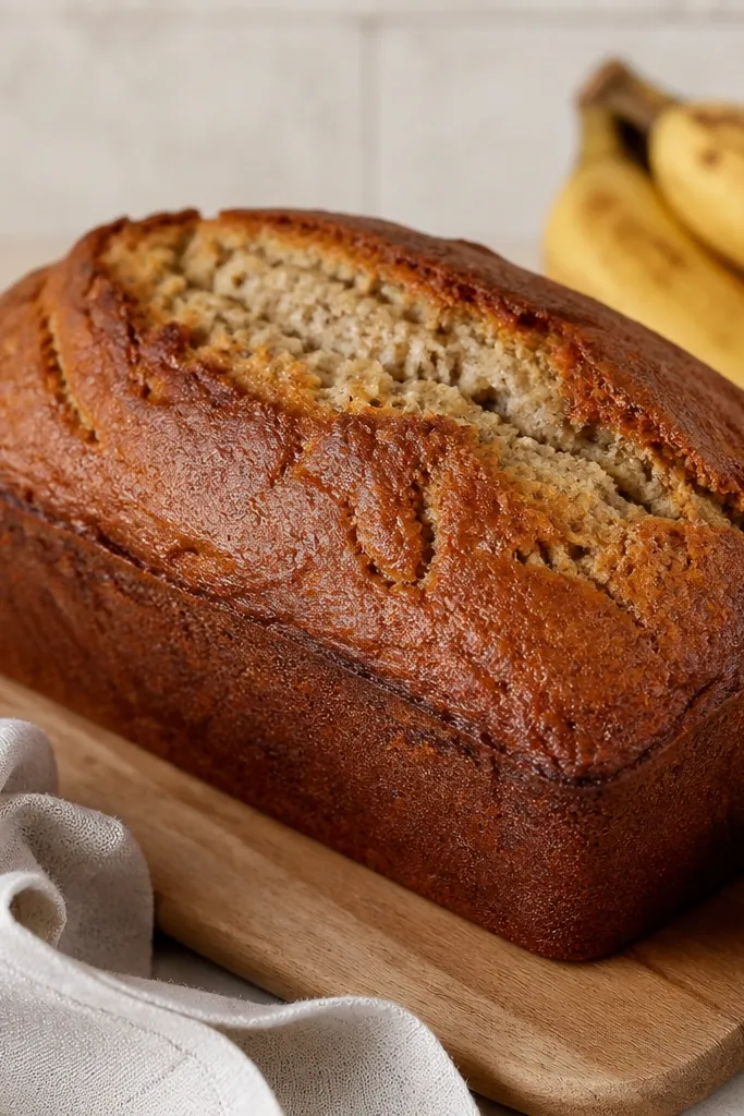A banana bread loaf baked with butter, edges a touch deeper brown than the center, crust looks slightly crisp and aromatic.