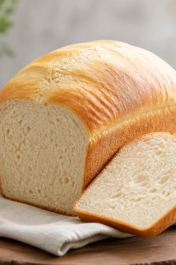 A loaf with a lighter golden top, softer-looking crust, slice shows a tender crumb with fewer dark flecks.