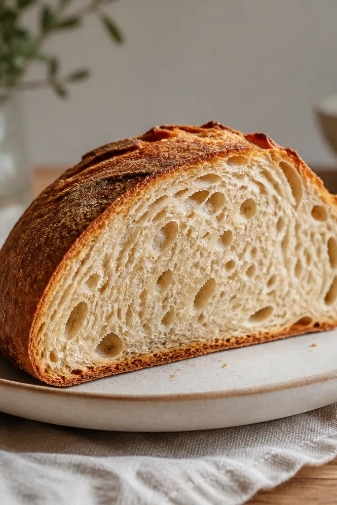 A slice on a plate with crisp outer edge, small steam holes in the crumb, and a moist but not wet center.