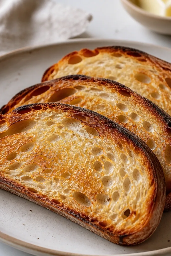 A few slices lightly toasted, edges crisp and darker, interior still moist and pale gold.
