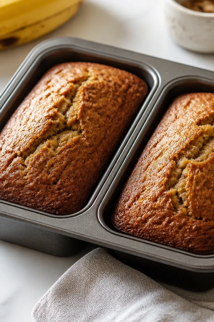 Two mini banana bread loaves in a muffin-like loaf pan, tops browned and slightly domed, edges set.
