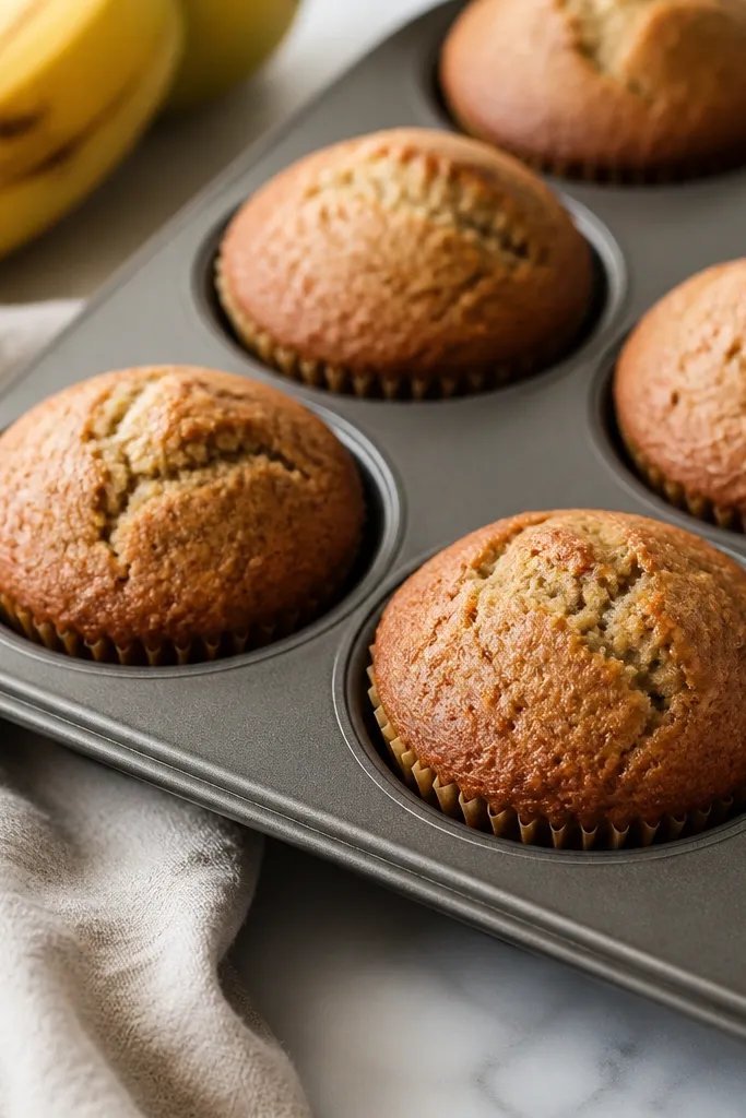 Banana bread muffins in a muffin tin, rounded domes, lightly cracked tops, golden brown color.