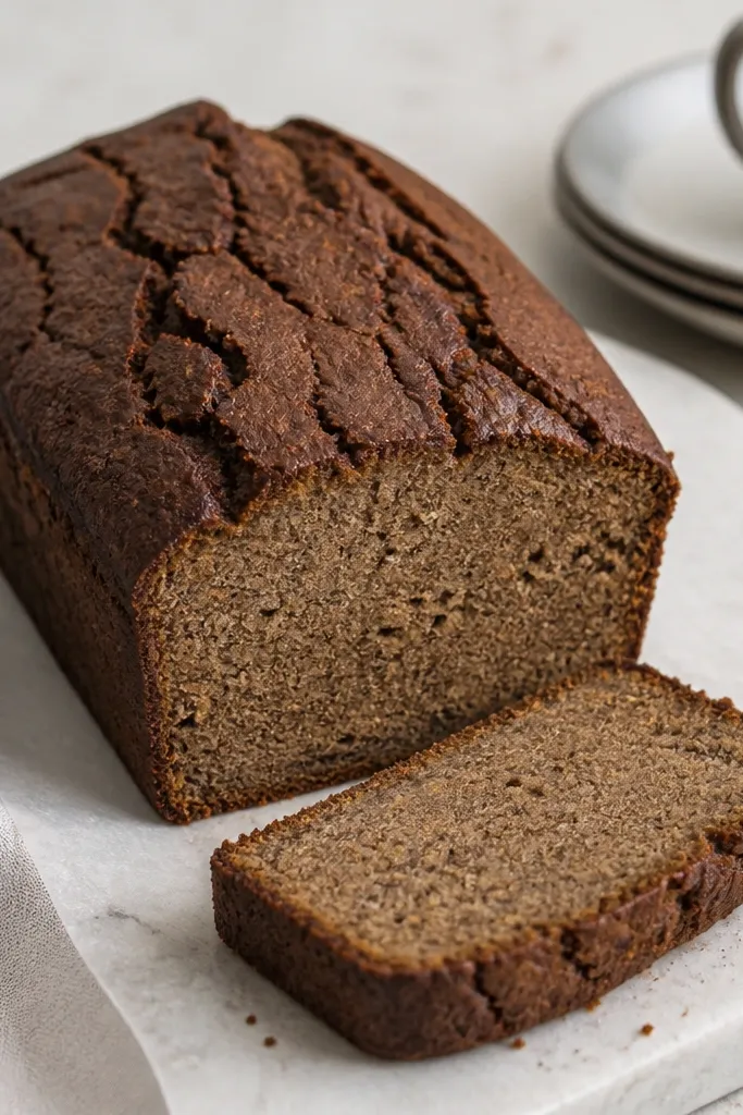 A loaf with a very cracked top, darker but dry-looking surface, slice shows dense crumb with fewer banana specks.