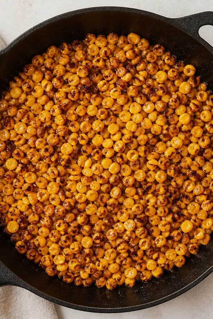 A sheet of browned corn kernels in a cast-iron skillet, with darker caramelized edges and lighter yellow kernels mixed together, photographed from above.