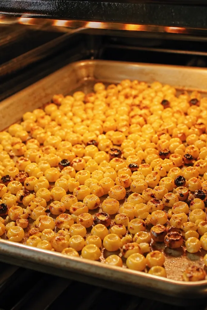A metal baking sheet under a broiler with corn kernels scattered in one layer, showing golden tops and a few dark brown patches.