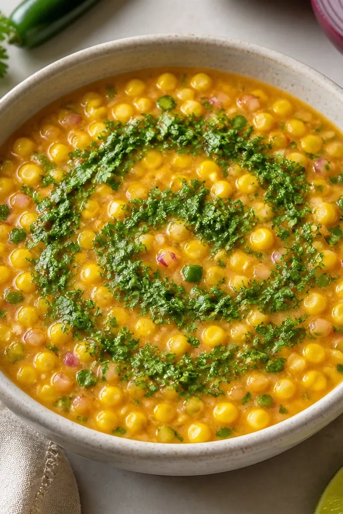 A bowl of orange-yellow corn salsa with a bright green cilantro swirl on the surface, with visible diced onion and jalapeño.