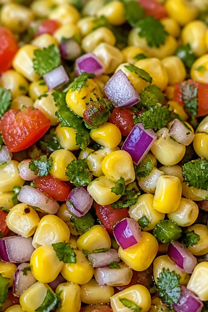Close-up of salsa with small, bright red onion pieces scattered evenly through the corn.