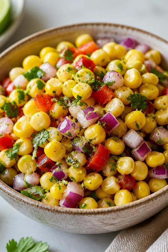 Corn salsa with a slight glossy sheen on kernels and onion, reflecting light, with visible lime zest specks.