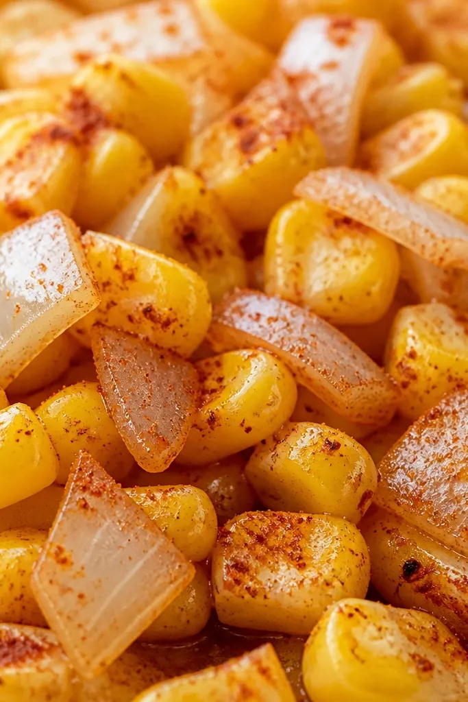 A close-up where a fine reddish-brown dust of smoked paprika is visible on corn kernels and onion.