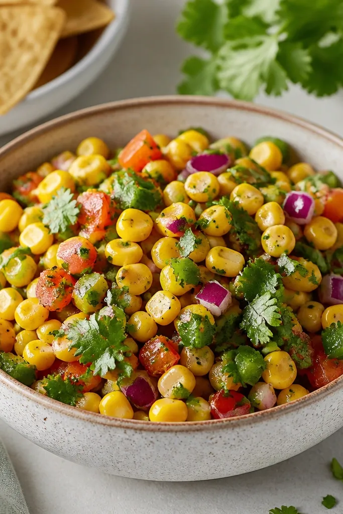A bowl of salsa where black pepper specks are visible against the orange corn and green cilantro.