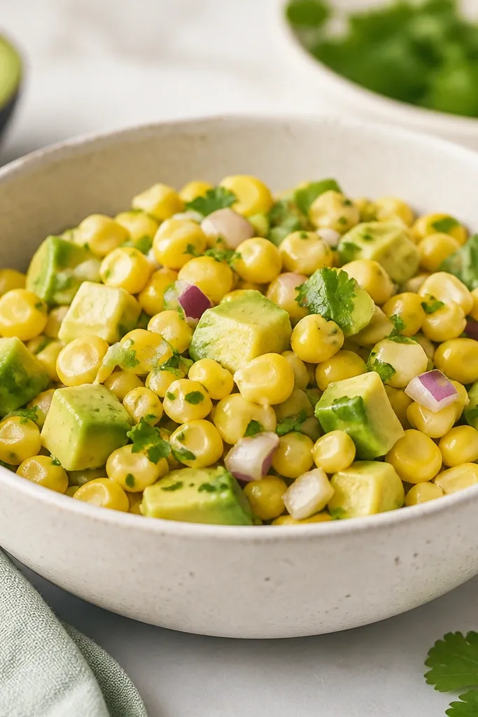 A serving bowl with a few avocado cubes mixed into corn salsa, showing pale green and yellow tones.