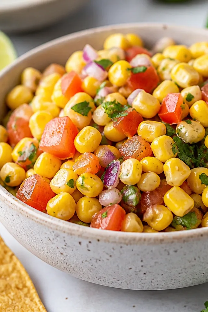 Corn salsa with small tomato pieces visible, with some seeds and gel, looking juicy and fresh.