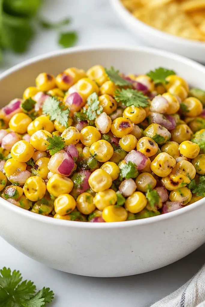 A white bowl filled with corn salsa. Corn kernels look glossy and lightly browned with a few blackened edges, mixed with red onion and green cilantro flecks.
