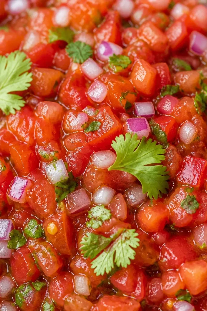 Close-up of salsa with tiny diced red onion pieces scattered throughout like purple-white specks, plus a few cilantro leaves on top.