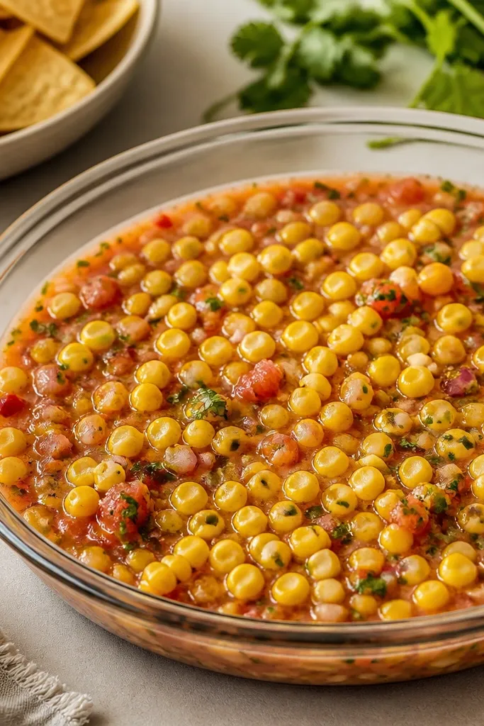 Salsa in a shallow glass dish showing a faint red streaking through the corn, with a few orange-red chipotle bits visible.