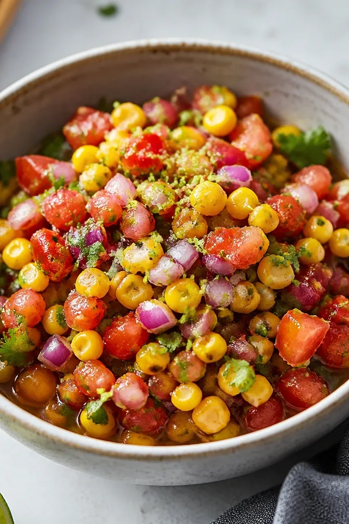 Salsa in a bowl with a slight wet sheen on corn kernels, with lime zest specks visible and a few tomato juices pooling at the edges.