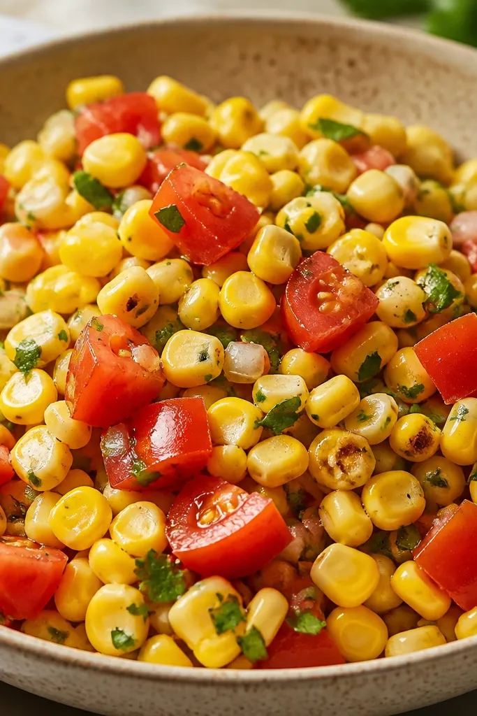 Salsa with small red tomato cubes mixed in, some seeds visible, scattered throughout the corn.