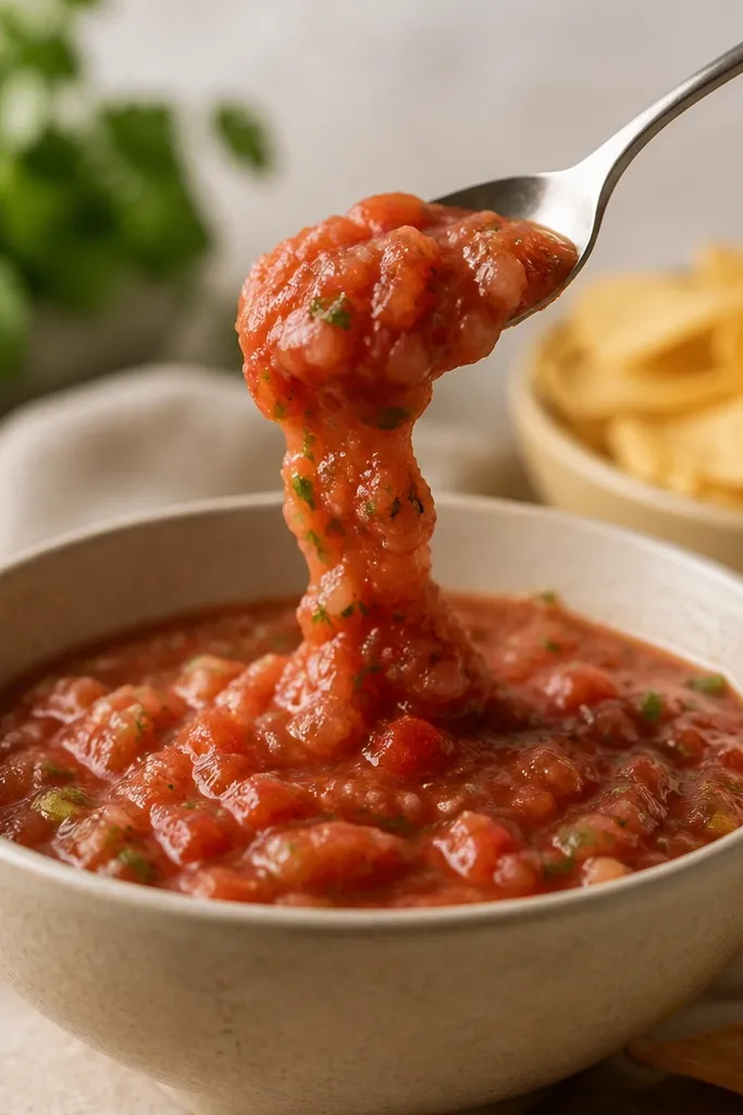 A spoon held above the salsa shows it clinging to the spoon and falling in slow folds rather than dripping like water.