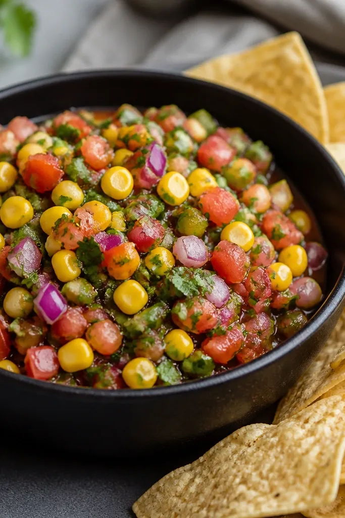 Salsa served in a dark bowl with a bright yellow-green corn and red onion contrast, with chips on the side.