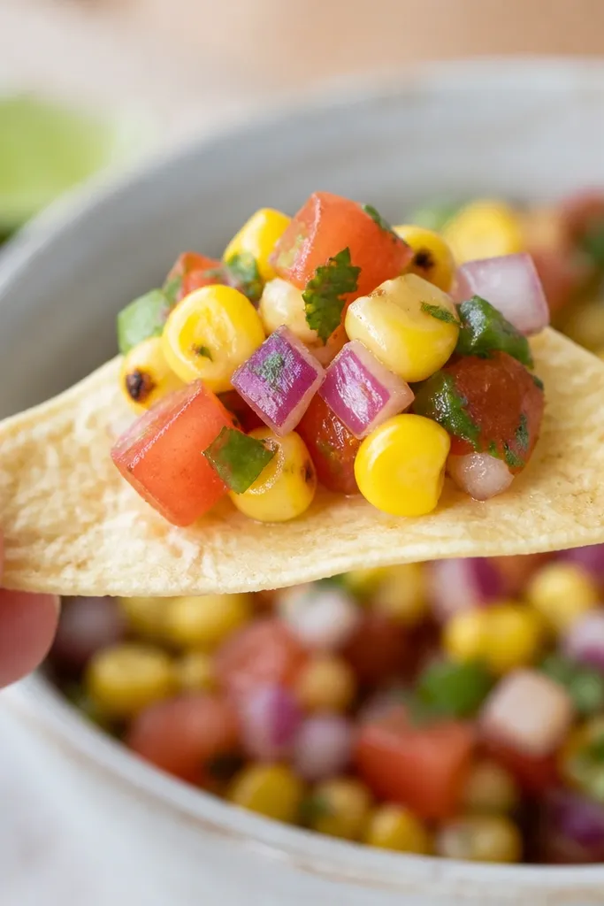 A spoonful of salsa sits on a tortilla chip, showing corn kernels and onion pieces packed together and not dripping.