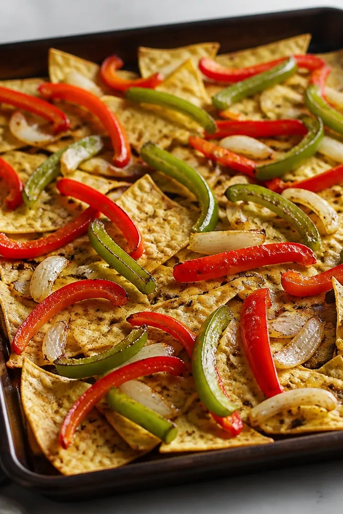 A black sheet pan with tortilla chips spread in a single layer. On top are glossy strips of red and green bell pepper, lightly browned at the edges, with visible char spots and a few onion pieces.
