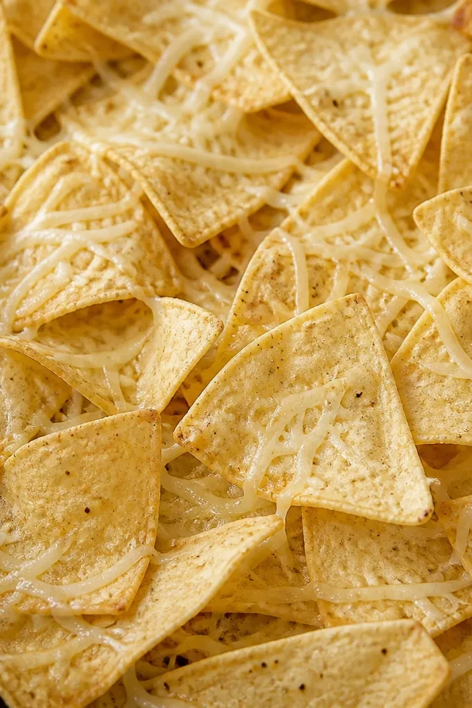 A close-up of chips with a thin, even dusting of shredded cheese visible between chips. The cheese is pale and melting, not clumped, covering about 30 to 40 percent of the chip surface area.