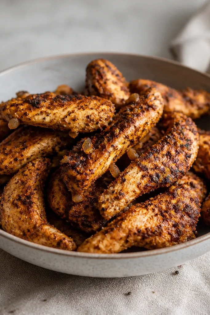 A bowl of chicken strips coated in spices, with dark caramelized specks. The chicken looks dry-ish and textured, not wet and saucy, with visible pepper and onion seasoning bits.
