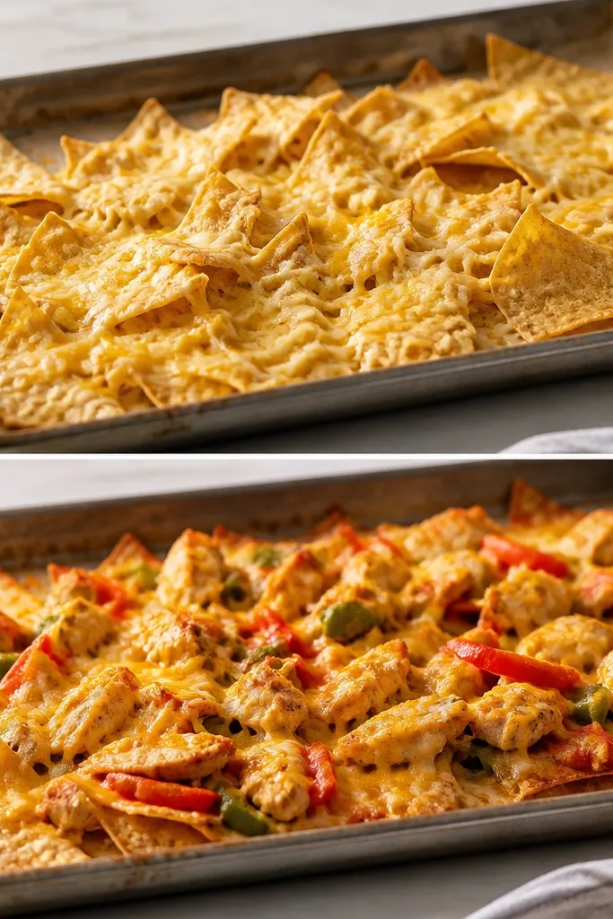 Two photos on a tray: first bake shows chips with a light cheese melt; second bake shows chicken and peppers added with cheese bubbling around the edges but chips still visible.