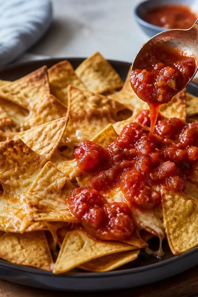 Nachos fresh from the oven with no salsa visible on top. Later, a spoon drops chunky red salsa over only a portion, leaving other chips dry and crisp.