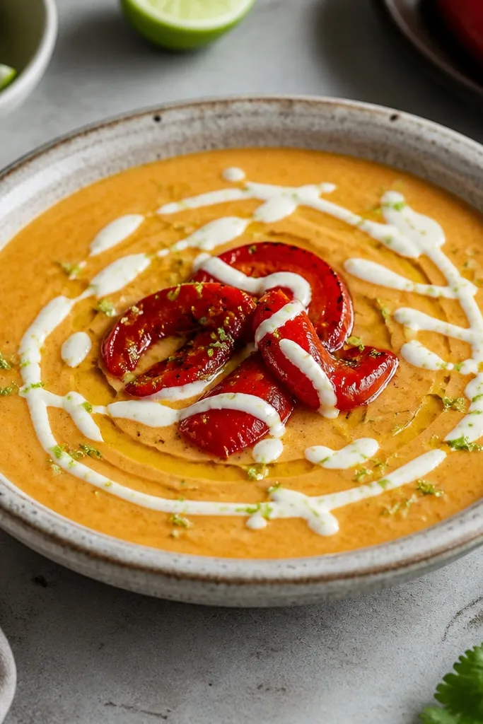 A pale white crema swirled across the top in thin lines and small zigzags. Lime zest flecks are visible, with a few drops pooling slightly near the peppers.