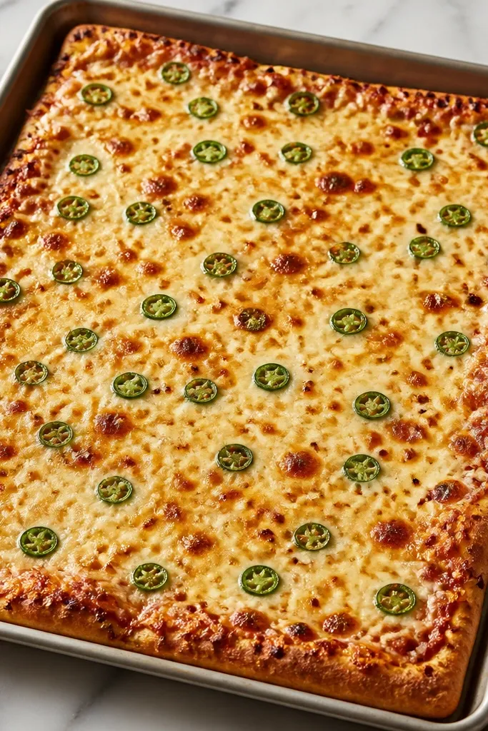 Small green jalapeno slices scattered like dots across the cheese. A few red pepper flakes sit near the edges of the tray.