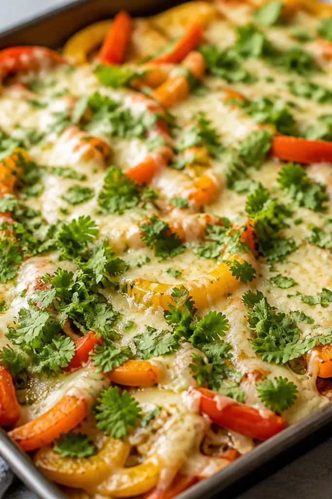 A tray with chopped cilantro scattered lightly on top. The cilantro looks bright green, not wilted, and sits on cheese and peppers.