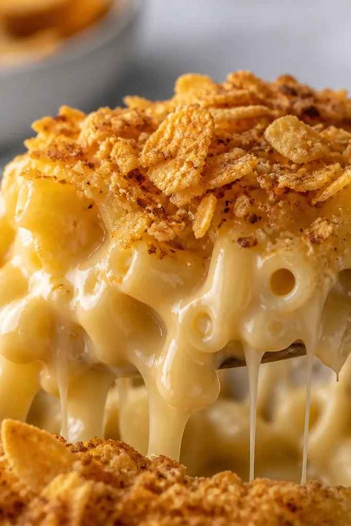 A small section where extra chips are crushed into flakes and sprinkled over the top edges, creating a rough, crunchy texture visible against melted cheese.
