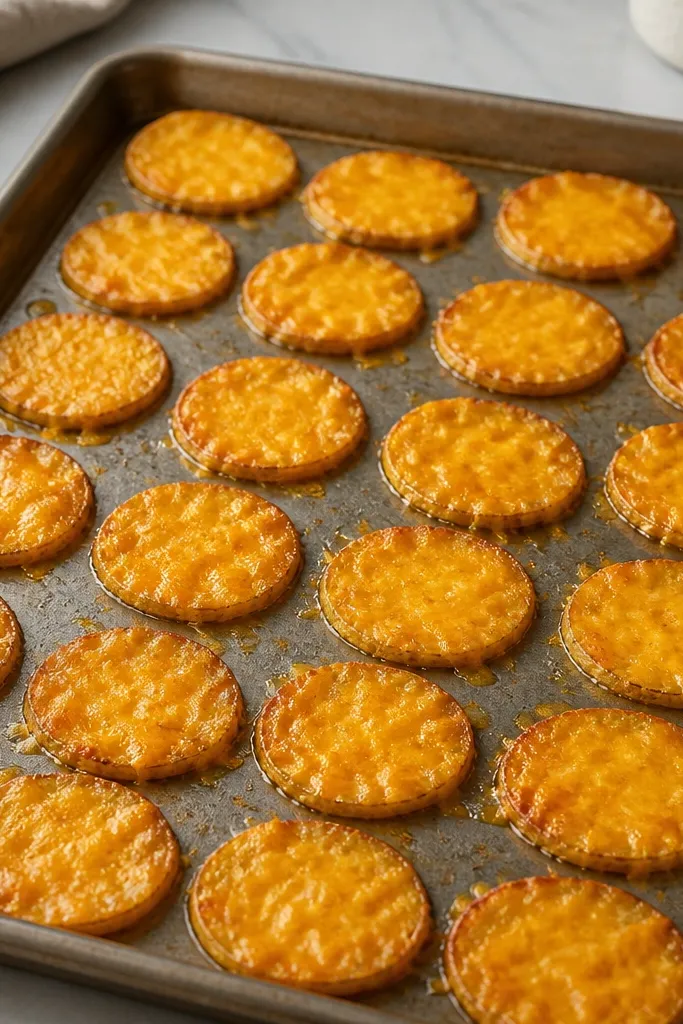 A preheated metal sheet pan with a thin layer of chips. The chips are evenly spaced, with no overlap, and cheese melts uniformly with small bubbles.