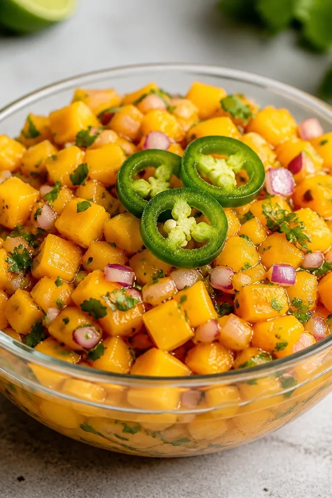 A clear glass bowl filled with bright orange mango salsa. The mango cubes are 1/4-inch and look glossy, with tiny flecks of red onion and green cilantro scattered throughout. A few jalapeño rings sit on top for color contrast.