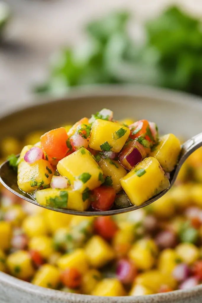 A spoonful of mango salsa where cilantro looks like tiny green confetti. You can see small flecks throughout, and the stems are finely minced rather than long strands.