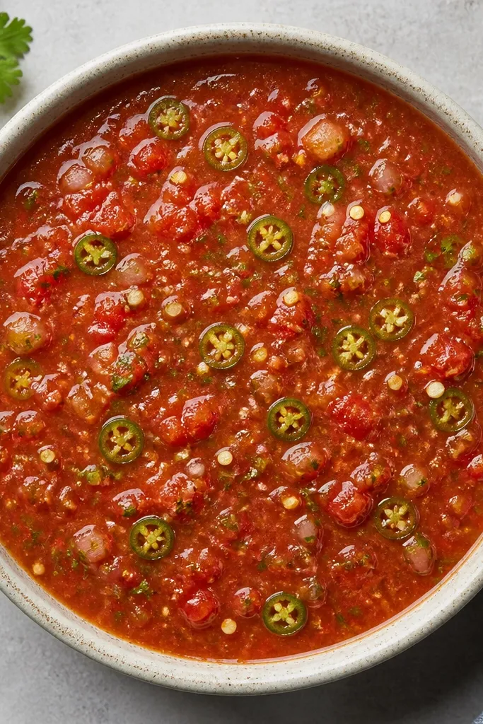 Top-down photo of salsa with a few visible jalapeño slices. The slices are thin and green, with tiny seeds scattered like confetti.