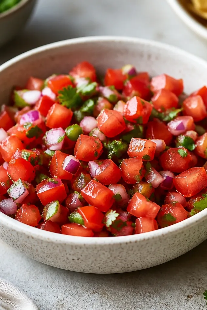 Salsa with small red tomato cubes. The tomatoes look intact with visible edges, and there's no orange liquid surrounding them.