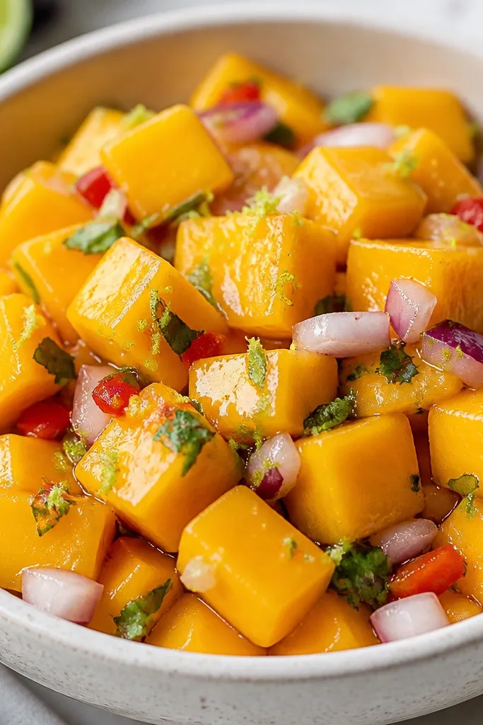 A close-up where tiny pale-green lime zest flecks speckle the orange mango. The salsa looks freshly made with a shiny surface.