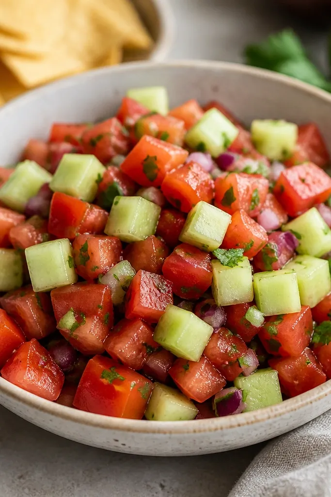 Salsa with pale green cucumber cubes mixed in. The cucumber pieces look dry and firm, not translucent or mushy.