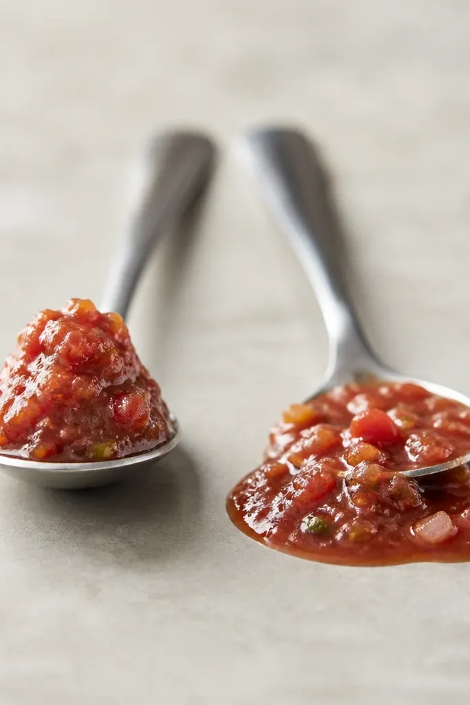 Two spoons side by side: one holds a scoop that stands slightly, the other falls into a puddle. The salsa in the first image looks thicker and holds its shape.
