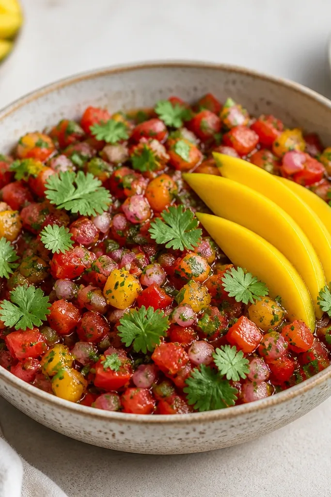 A serving bowl with salsa already mixed, topped with fresh cilantro leaves and a few mango slices. The toppings look bright and separate from the base.