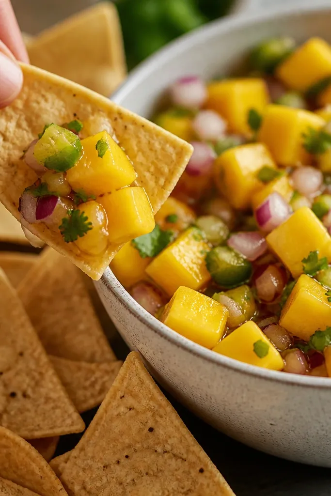 A photo of tortilla chips next to a bowl. The salsa pieces cling to chips without sliding off. You can see mango cubes and tiny onion bits stuck to the chip surface.