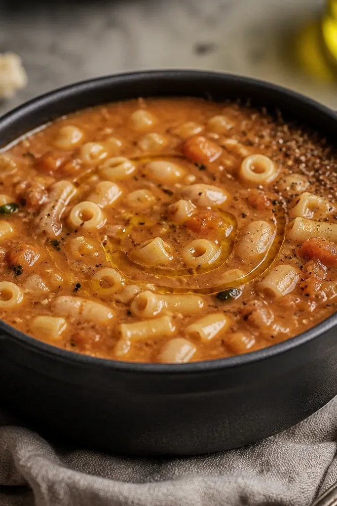 A dark, matte cast-iron soup bowl filled with thick pasta fagioli. The surface shows a glossy swirl of olive oil, tiny white bean chunks, and short pasta pieces peeking out. A dusting of black pepper sits near the rim.