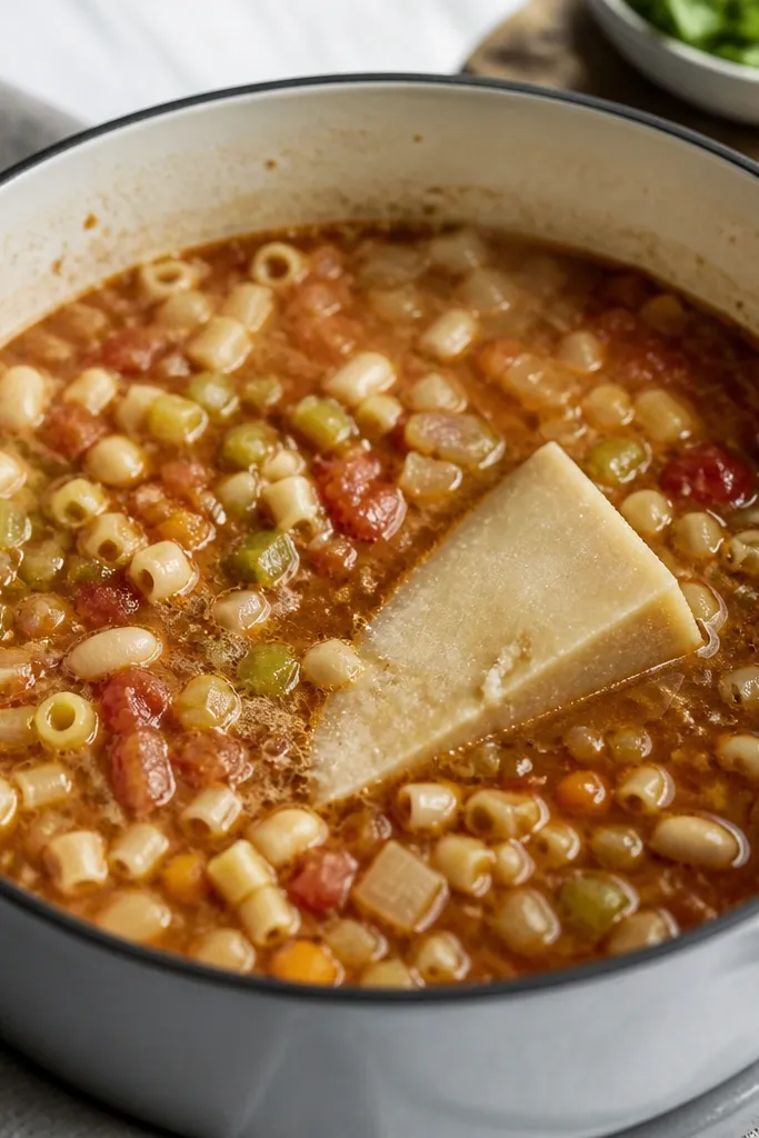 A pot of simmering pasta fagioli with a pale beige Parmesan rind partially submerged. You can see small bubbles around the rind and chopped onion and celery floating near the top.